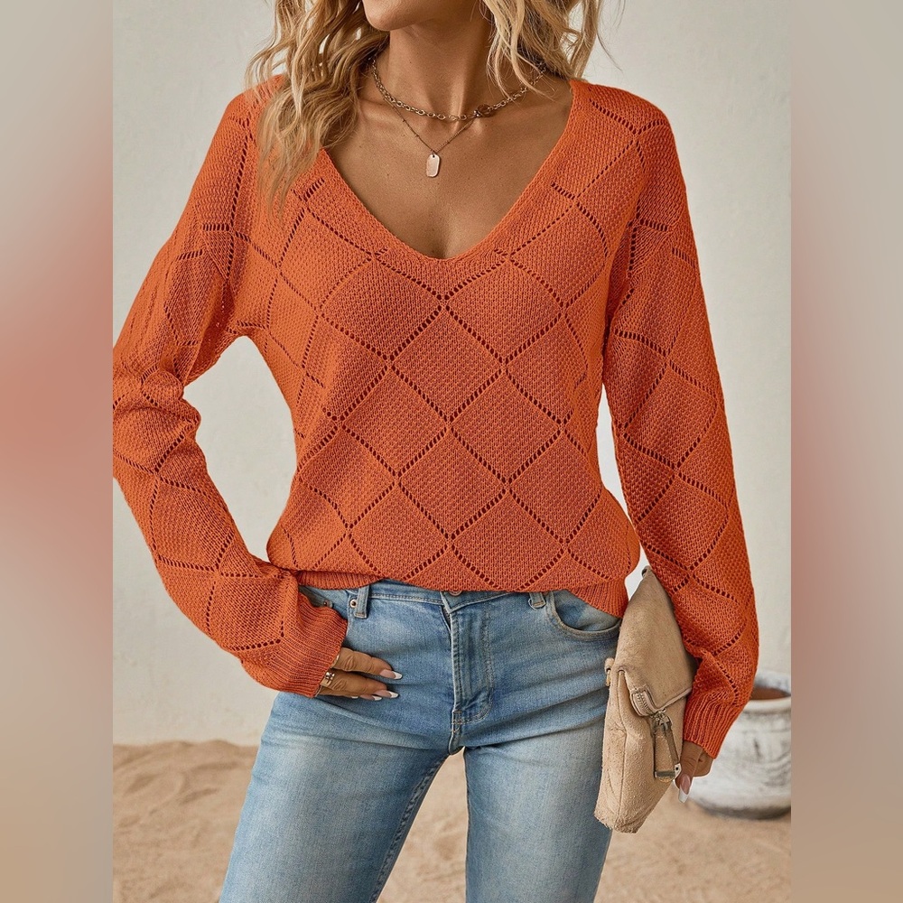 SHEIN Pointelle Knit Sweater, Rust Brown | Sz L